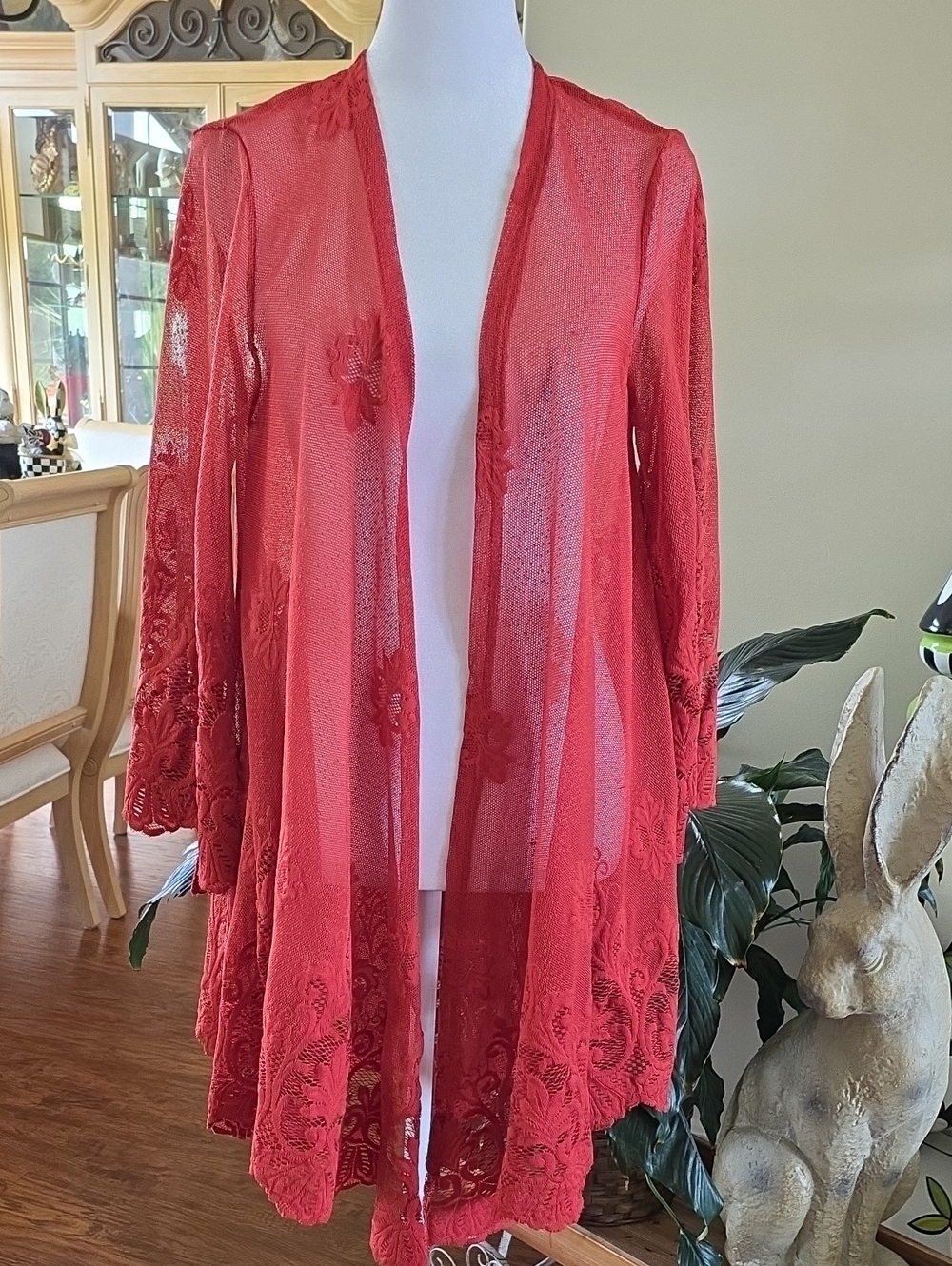 paper tee Red Sheer Lace Duster Cardigan